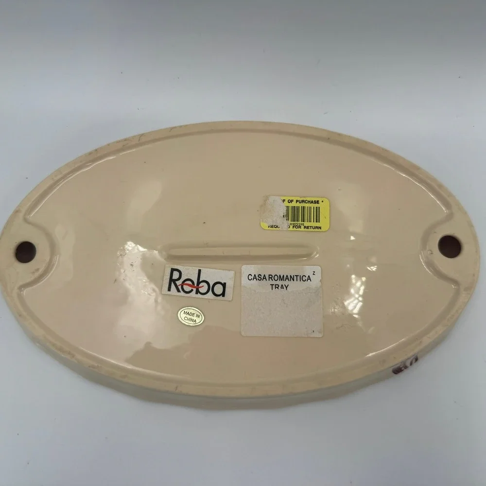 Reba Cream Ceramic Oval Serving Platter Burgundy Floral Scalloped Ribbed Serving